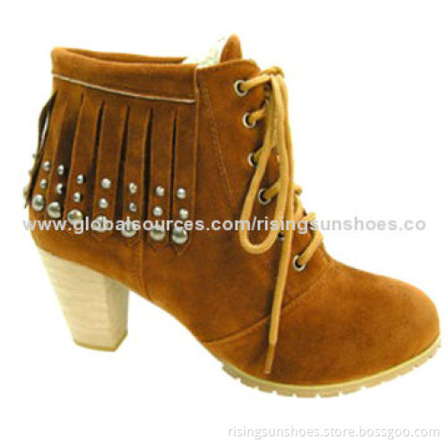 Women's wood heel dress boots, ankle height style with fringes around ankle, trendy and popularNew